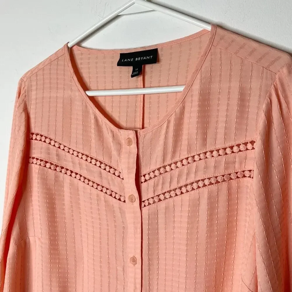 Lane Bryant Women's Blouse 14 Coral Pink Crochet Long Sleeve Crew Neck Button Up - Picture 4 of 9